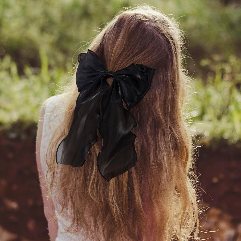 STSTR 2Pcs Large Hair Bow Clips, Black Silk Yarn Ribbon Bow Hair Barrette for Women, Elegant Long Tail Bowknot French Hair Accessories for Wedding, Parties, Festivals - Image 5